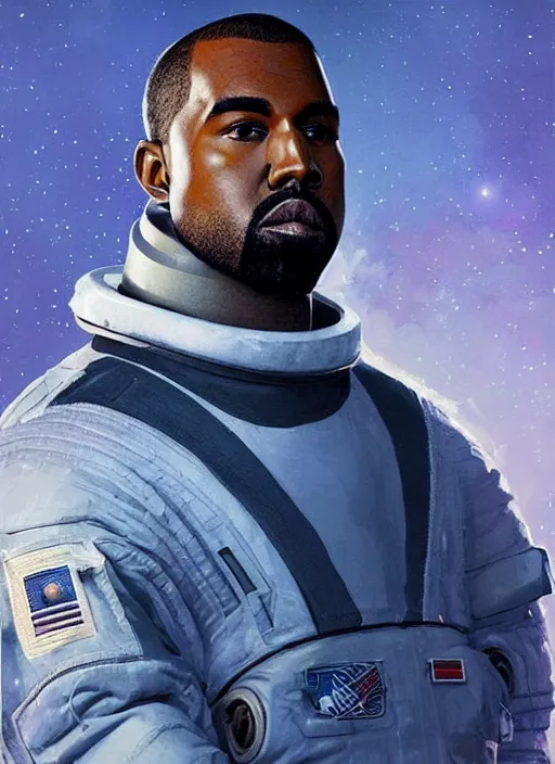 Image similar to pinted full body portrait of kanye west as an astronaut by greg rutkowski, he is about 3 0 years old, short blond hair, athletic and strong, straight jaw, wearing futuristic space gear, highly detailed portrait, digital painting, artstation, concept art, smooth, sharp foccus ilustration, artstation hq.