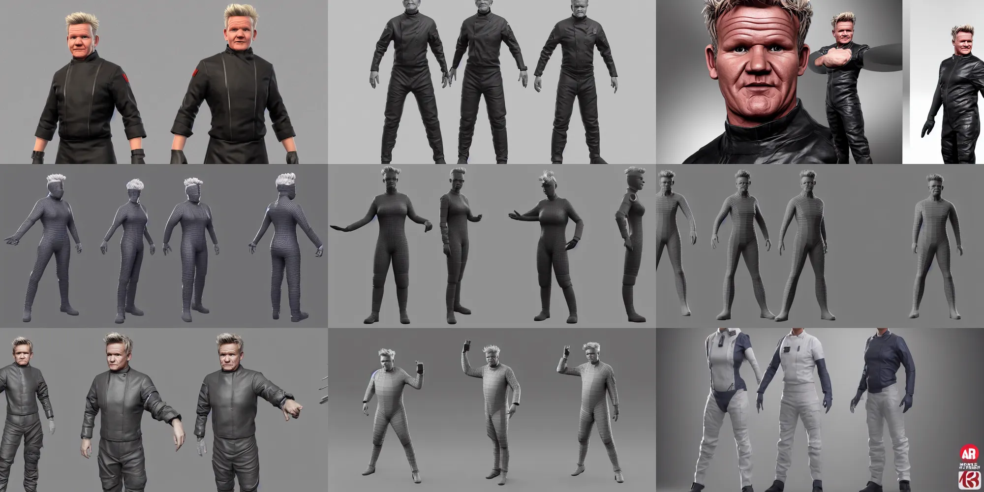 Prompt: gordon ramsay wearing a futuristic outfit in an a - pose, a 3 d render by a senior character artist, trending on artstation, realism, rendered in keyshot, sculpted in zbrush, textured in mudbox, hard surface modeling, physically based rendering