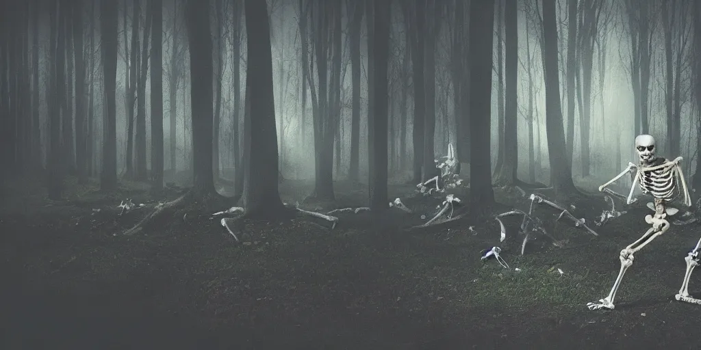 Prompt: amateur home video of skeletons running through a dimly lit dark forest at night with, photorealistic amateur photography