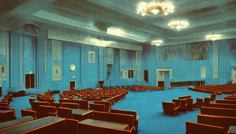 Image similar to 60s movie still of a sovietic stalinist style empty blue palace of congress, cinestill 800t 50mm eastmancolor, liminal Space style, heavy grain-s 150