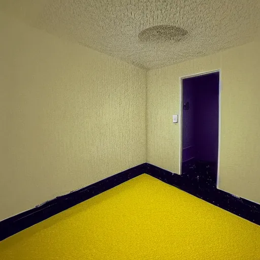 Prompt: a strange room with a yellow wallpaper, fluorescent lights, and a yellow moist carpet, eerie, liminal space, grainy footage, first person,