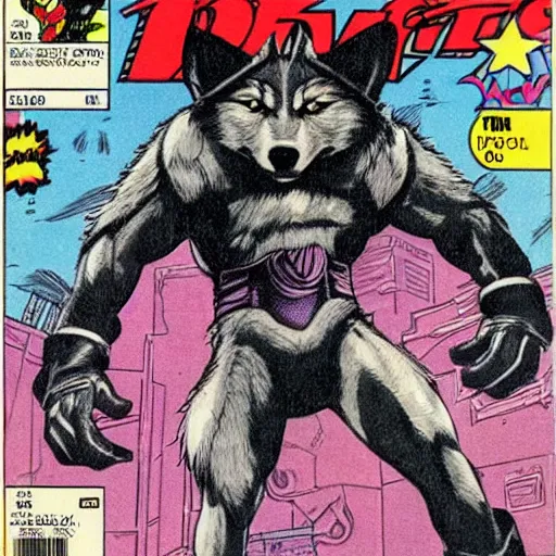 Image similar to 1 9 8 0 s comic book cover scan featuring a portrait of villain male wolf o'donnell anthropomorphic wolf furry fursona from starfox wearing a dark space mercenary uniform, dark grey wolf, handsome eyes, wolf o'donnell