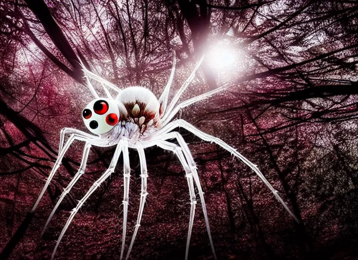 Image similar to white crystal clear spider with huge red eyes, in a forest. highly detailed 8 k. intricate. lifelike. soft light. fantasy horror style. cinematic post - processing