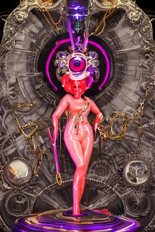 Prompt: full-body porcelain rococo futuristic style sculpture of a young beautiful goddess as a half-robot wearing retro shades, red lips, mechanical eyes, leaking glowing neon radioactive liquid, electric sparks, glowing violet laser beam eyes, crown of giant diamonds, gold chain steampunk necklace, flowing purple satin, luminescent fabrics, mechanical roses. baroque and steampunk elements. full-length view. baroque element. intricate artwork by caravaggio. Trending on artstation, octane render, cinematic lighting from the right, hyper realism, octane render, 8k, depth of field, 3D