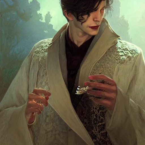 Image similar to portrait of a male vampire, D&D, fantasy, intricate, elegant, highly detailed, digital painting, artstation, smooth, sharp focus, illustration, art by artgerm and greg rutkowski and alphonse mucha