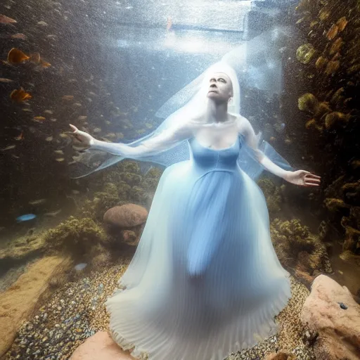 Prompt: photo by mort kunstler and annie leibovitz and monia merlo, a woman wearing a giant inflated clear plastic dress containing an aquarium, backlit, 4 d, 4 k, volumetric lighting, photorealistic, light ray, hyperdetailed