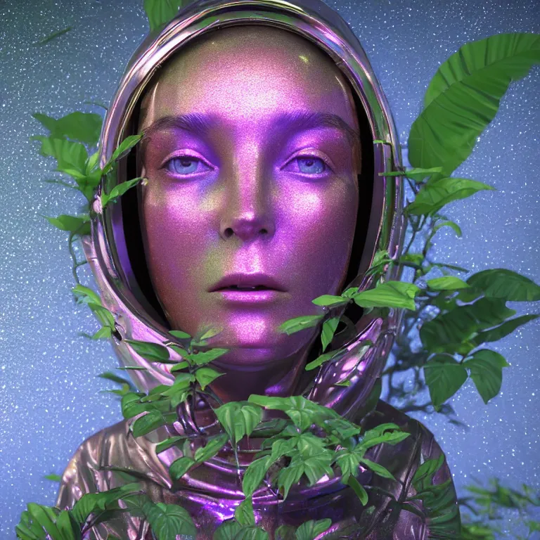 Prompt: octane render portrait by wayne barlow and carlo crivelli and glenn fabry, subject is a woman covered in tie - dye hoodie with iridescent metallic space helmet, surrounded by alien plants, cinema 4 d, ray traced lighting, very short depth of field, bokeh