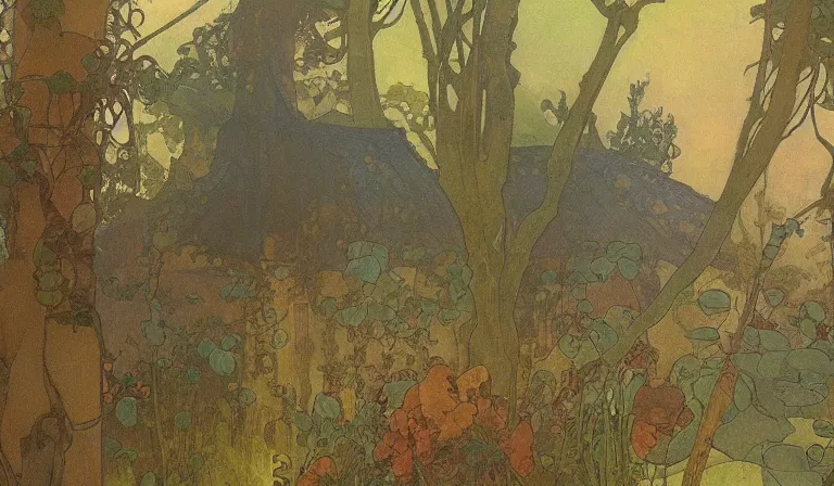 Prompt: A serene landscape with a singular building in the style of Alfons Maria Mucha.