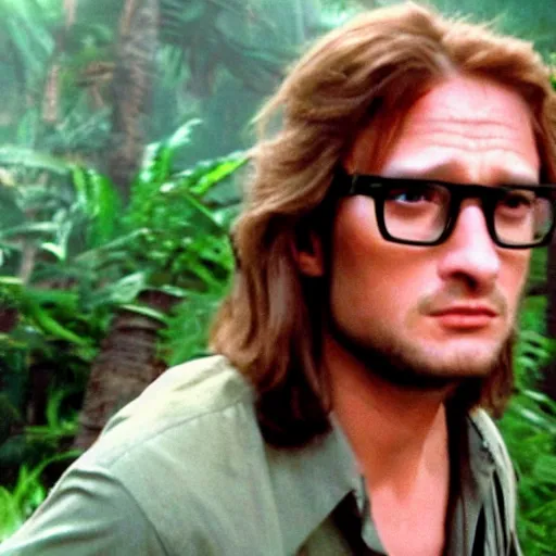 Prompt: a screenshot of a handsome guy with very long hair chestnut hair, with nerdy glasses in jurassic park movie