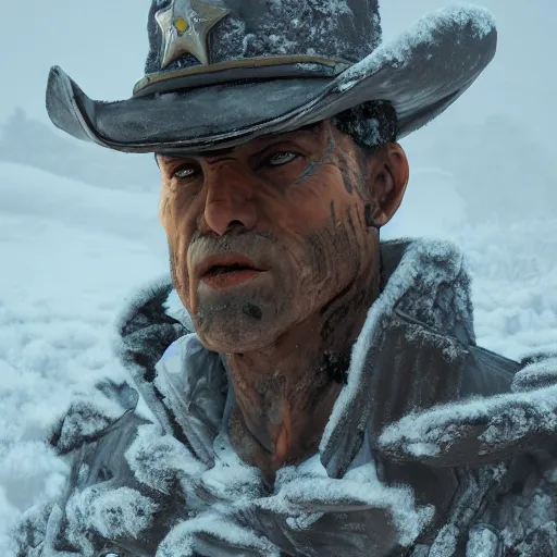 Image similar to A comic book style portrait painting of a sheriff in a a post apocalyptic winter landscape, unreal 5, DAZ, hyperrealistic, octane render, RPG portrait, ambient light, dynamic lighting