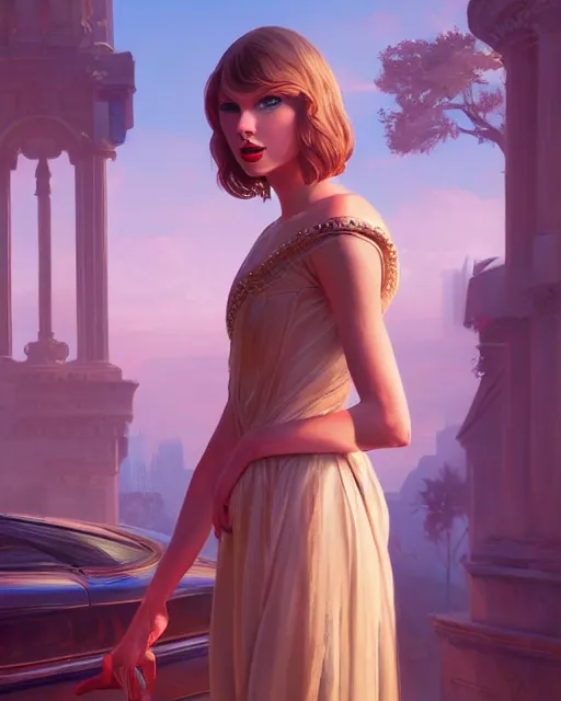 Image similar to portrait of taylor swift as an elegant renaissance goddess, in gta v, stephen bliss, unreal engine, by greg rutkowski, loish, rhads, makoto shinkai and lois van baarle, ilya kuvshinov, rossdraws, global illumination, radiant light, detailed and intricate environment