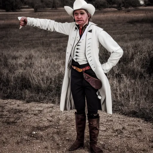 Image similar to Robespierre dressing as cowboy, in Texas, 50mm photography, high quality, 4K