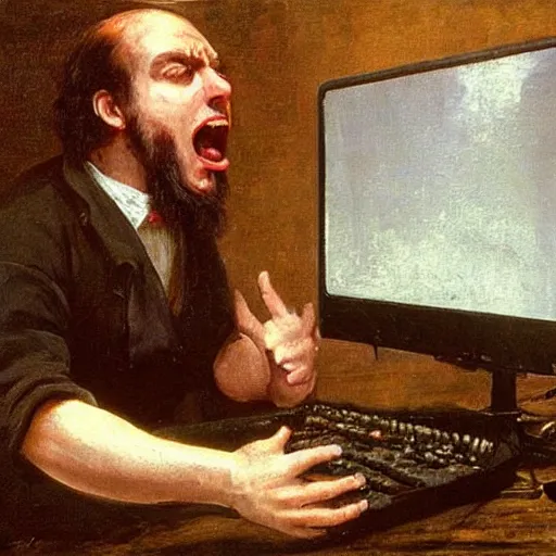 Image similar to an angry man yells at his computer monitor, oil on canvas, 1 8 8 3, highly detailed