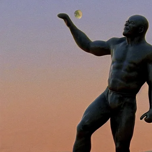 Image similar to a statue of mike tyson on mars, with earth as a little dot in the background in space.