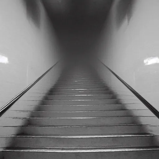 Image similar to Beautiful Fuzzy wide-eye-lens 15mm, harsh flash, cameraphone 2000s, Photograph of foggy school stairs with water on the floor