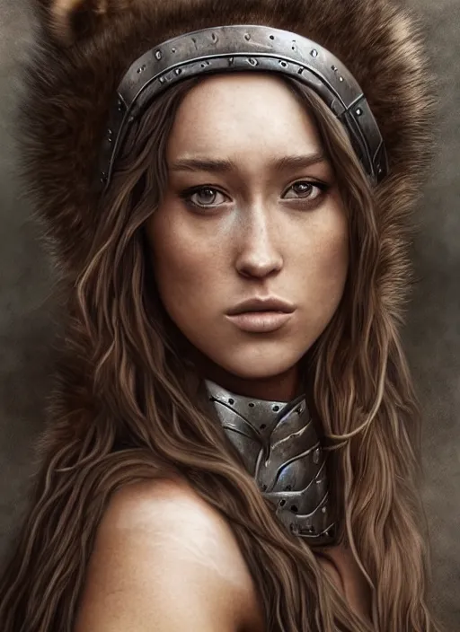 Image similar to alycia debnam - carey as a barbarian warrior, legendary warrior, tattoos, piercings, fur and leather armor, beautiful, realistically detailed shading, 8 k, hyper realistic art, photo realism, robin eley, deviantart