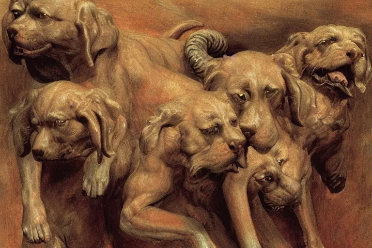 Image similar to hyperdetailed matte art of a three headed dog cerberus by william blake, ilya repin, amano, rene magritte, craig mullins, three headed dog cerberus, details