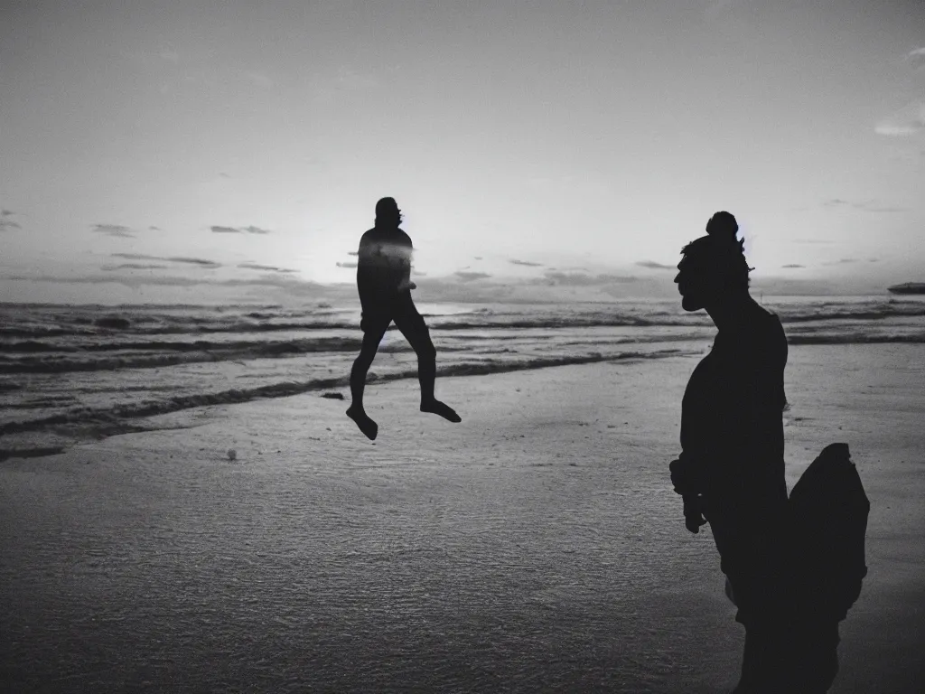 Image similar to 3 5 mm photography of huggy wuggy on a beach, sunset