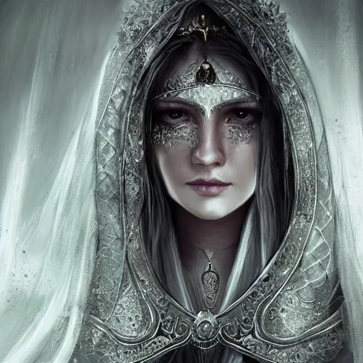 Prompt: portrait of a priestess with long hair and a veil in her head. She wear a silver detailed symetric amulet of a sun eye. Epic fantasy. beautiful. face symetric cinematic top lighting, insanely detailed and intricate, face by wlop, Charlie Bowater, golden ratio, symmetric, elegant, ornate, luxury, elite, matte painting, cinematic, trending on artstation, deviantart and cgsociety, 8k, high resolution