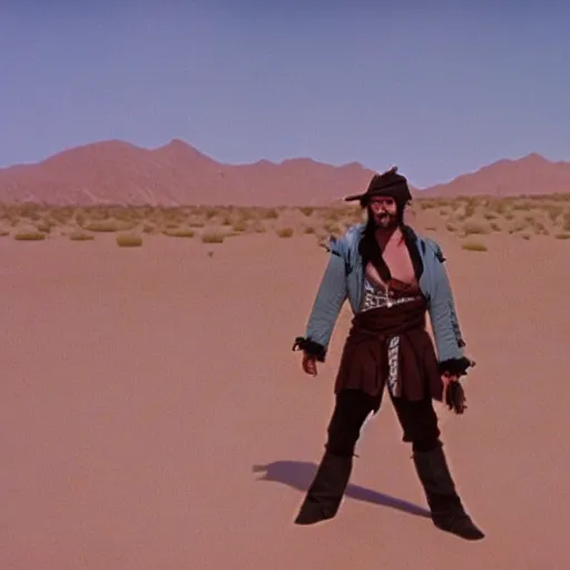 Prompt: a pirate, in the desert, film still, panavision panaflex