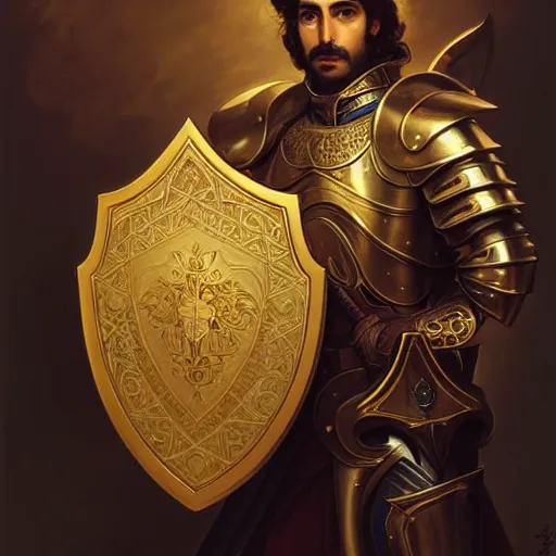 Prompt: Portrait of Pedro Perestrello as a paladin wearing gold full plate armor and wielding a shield, fantasy, intricate, elegant, highly detailed, digital painting, artstation, concept art, matte, sharp focus, illustration, art by Roberto Ferri and Greg Rutkowski and Alphonse Mucha