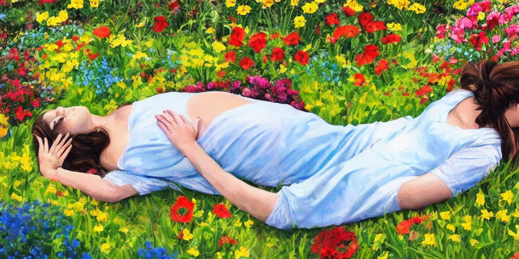 Image similar to painting of woman in fetal position lying down in garden