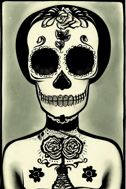 Image similar to illustration of a sugar skull day of the dead girl, art by man ray