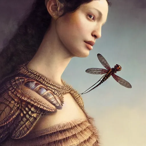 Image similar to brown woman wearing a dragonfly armor. iridiscent. extremely photorealistic. super detailed. layered. textured. award winning. dispersion of light. refracted lighting. soft. fragile. by ray caesar. by louise dahl - wolfe. by tom bagshaw. surreal photoraphy