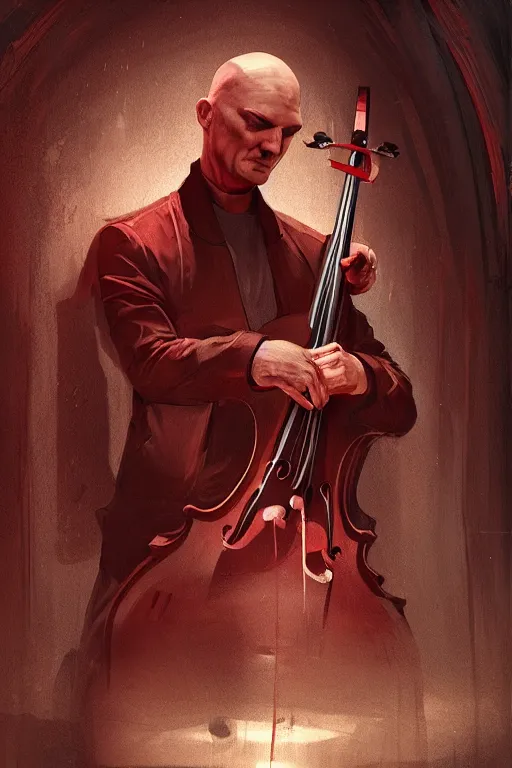 Image similar to an expressive portrait of agent 4 7 playing the cello in a monastery, dark background, red rim light, digital art, artstation, concept art by giger stalenhag