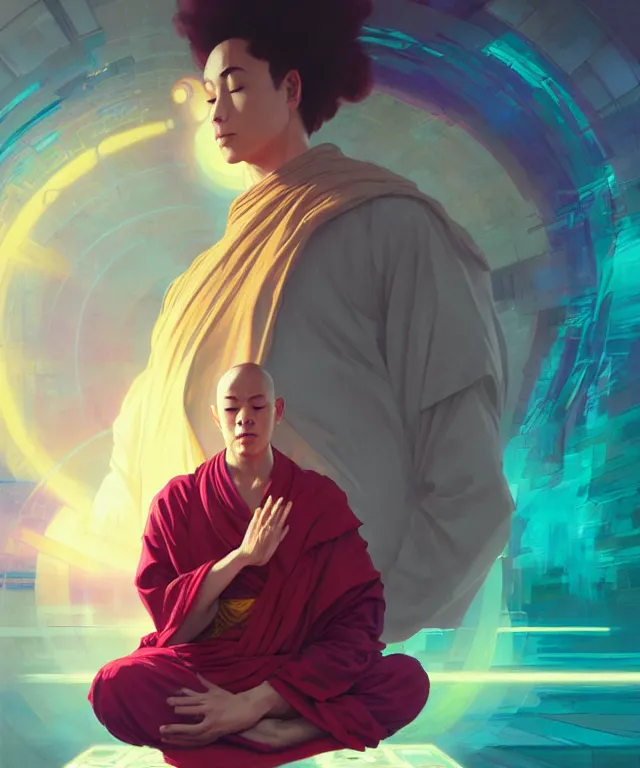 Image similar to a floating monk, meditating, wearing netrunner clothing, vaporwave aesthetic, colorful, psychedelic, digital painting, artstation, concept art, smooth, sharp focus, illustration, art by artgerm and greg rutkowski and alphonse mucha