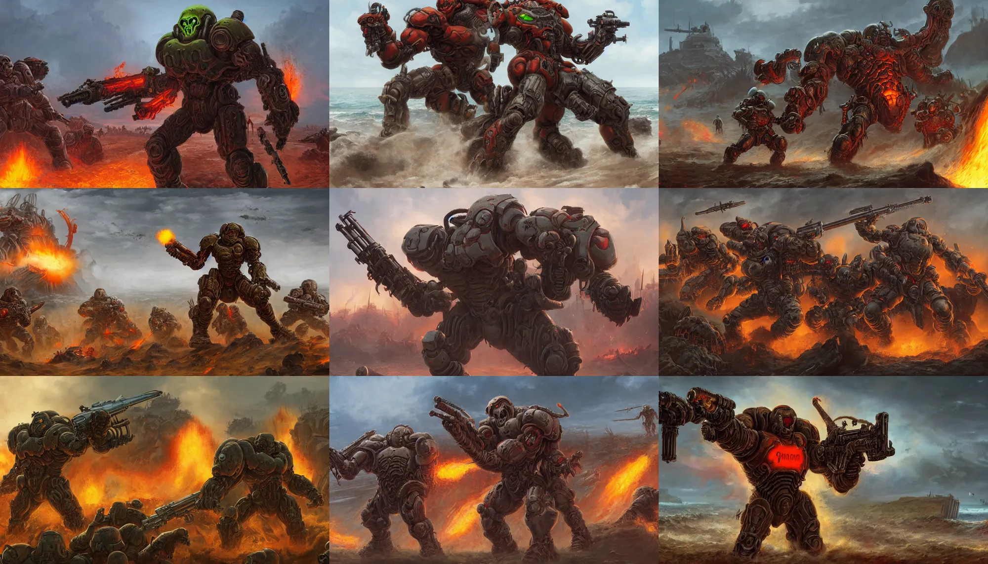 Prompt: Classic DOOM Cyberdemon on Omaha beach, WW2, hyperdetailed, artstation, cgsociety, 8k