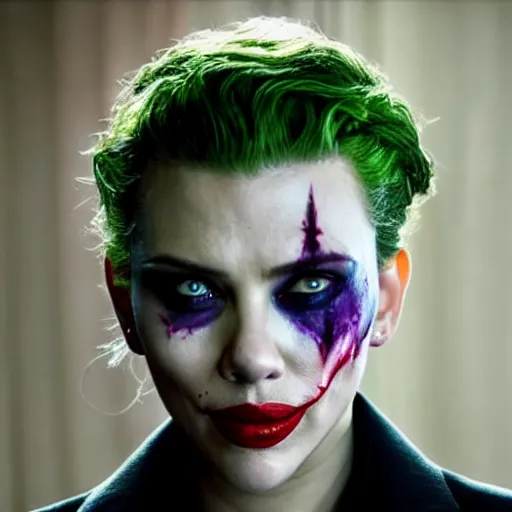 Image similar to stunning awe inspiring scarlett johansen as the joker, movie still 8 k hdr atmospheric lighting