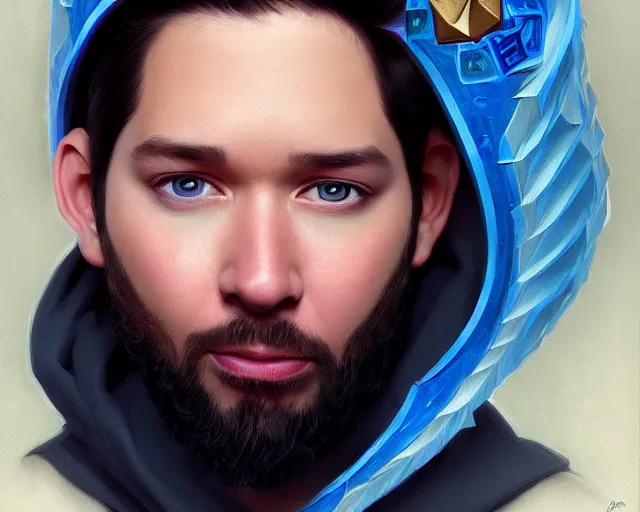 Image similar to amazing portrait of alexis ohanian as a wizard, pointy blue wizard hat, deep focus, symmetrical face, d & d, fantasy, intricate, elegant, highly detailed, digital painting, artstation, concept art, matte, sharp, illustration, hearthstone, art by artgerm and greg rutkowski and alphonse mucha