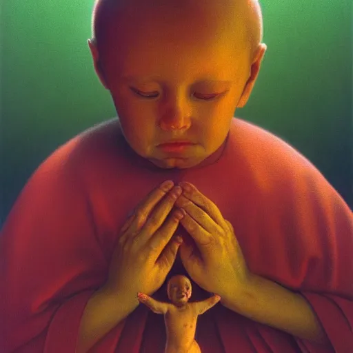 Image similar to portrait of a holy catholic baby saint, trending on art station, 4k UHD, 8k, painting illustration, high detail by zdzisław beksiński