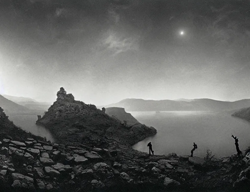 Image similar to wanderer, eerie, greek fantasy panorama, a magnificent lizard ghost giant above the magic shining river styx, at night, otherworldly, ghost giant above the horizon, stanley kubrick, 1 7 mm, wide shot, surreal, deep