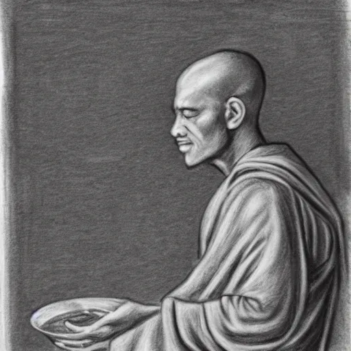 Prompt: pencil sketch of a monk pondering a glass of wine