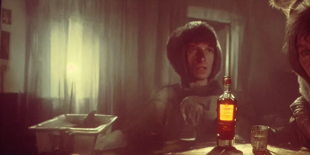 Image similar to alien from movei alien 1 9 7 9 staying with bottle of vodka in russian village. cold light, cinematic colors, high detail