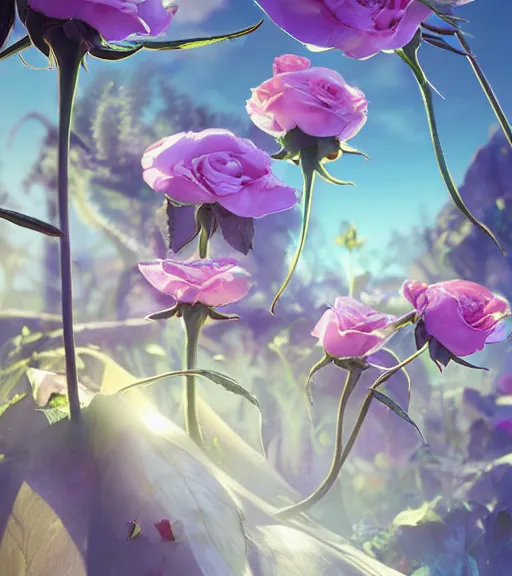 Prompt: highly detailed macro shot of a rose, unreal engine, loish, rhads, makoto shinkai and tom bagshaw, reflective global illumination, god rays, detailed and intricate environment