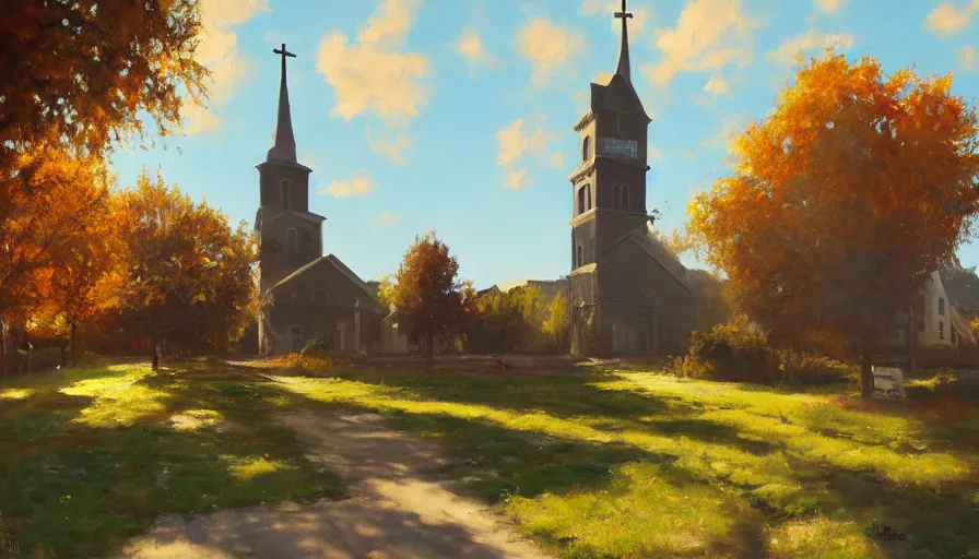 Image similar to oil painting, midwest town, sunny day, sun behind church tower, square, trees, volumetric light, hyperdetailed, artstation, cgsociety, 8 k