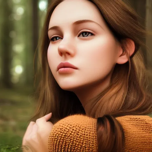 Image similar to real life photo of a beautiful girl, full body photoshoot, long brown hair, brown eyes, full round face, short smile, belly free, brown sweater, forest setting, cinematic lightning, medium shot, mid - shot, highly detailed, trending on artstation, unreal engine 4 k, 8 0 mm, 8 5 mm, cinematic wallpaper