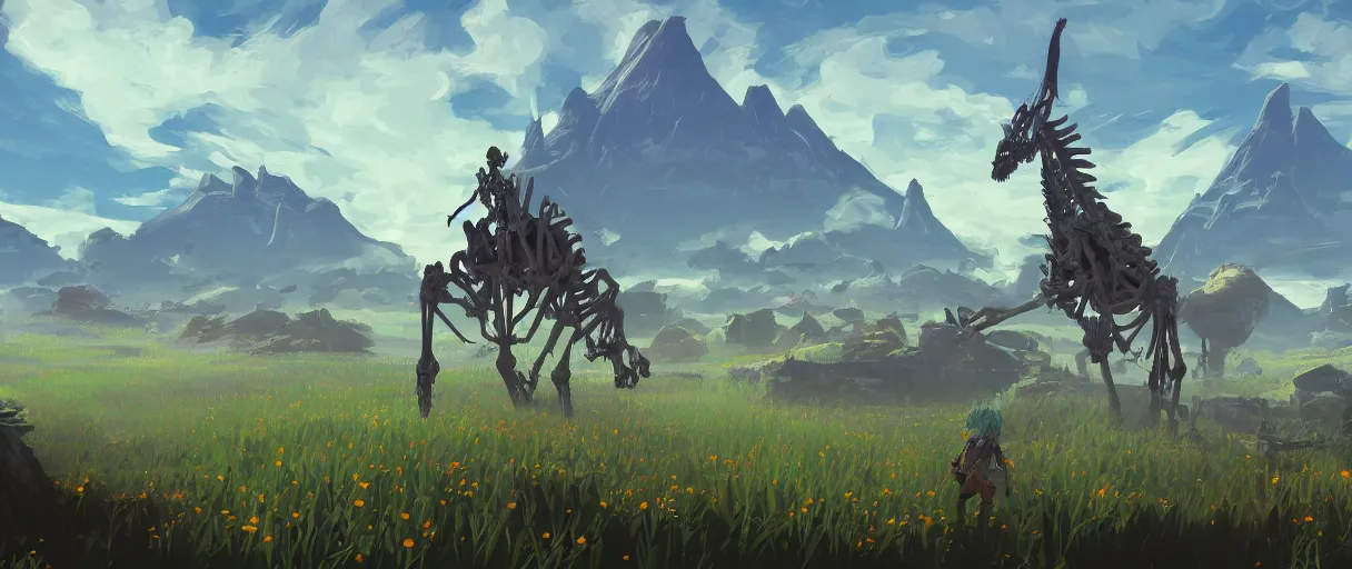 Image similar to digital painting concept art of a landscape with a huge skeleton in it, highly detailed, in the style of Zelda breath of the wild, volumetric lighting, Matte painting, trending on artstation, day time, godrays