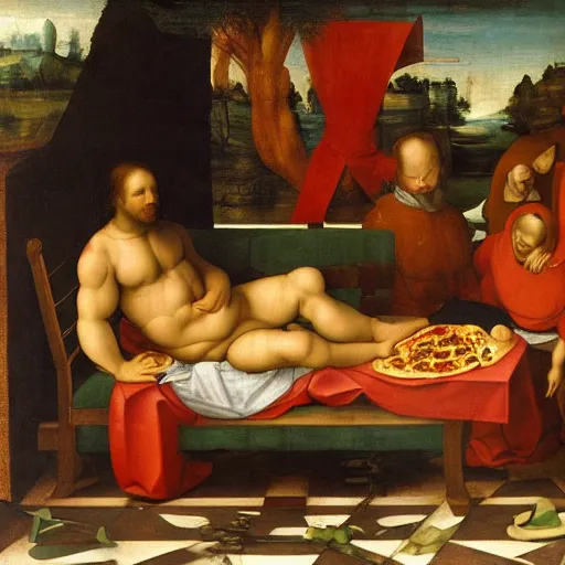 Prompt: a renaissance materpiece painting of a modern man eating pizza in is pajamas on an old leather couch, leonardo da vinci