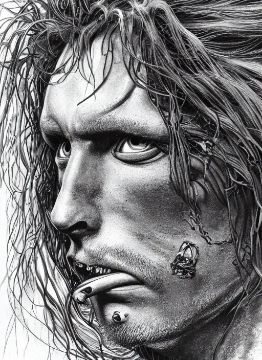 Image similar to Jim Morrison by Yoshitaka Amano, by HR Giger, biomechanical, profile portrait, 4k, wide ayes, hyper detailed, hyperrealism, anime