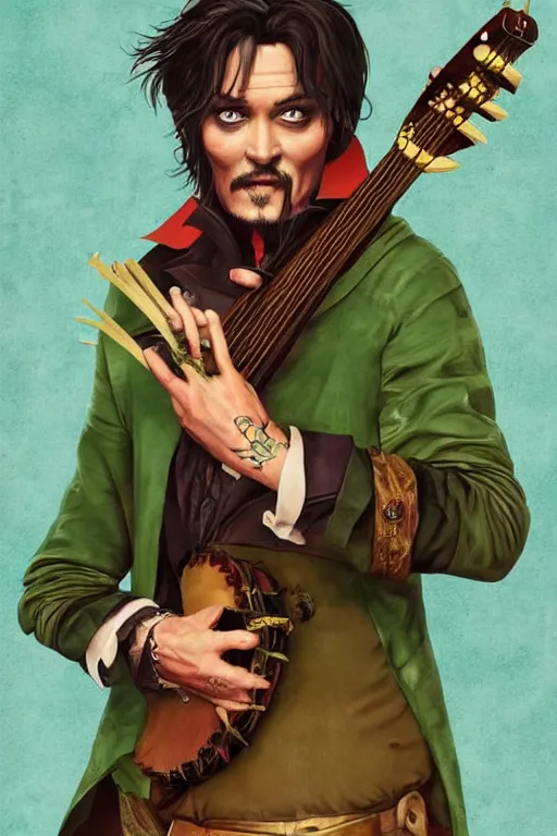 Prompt: Breathtaking comic book style of Johny Depp portrayed as a Dungeons and Dragons bard, playing the lute and wearing a pale green jacket in the style of ilya kuvshinov