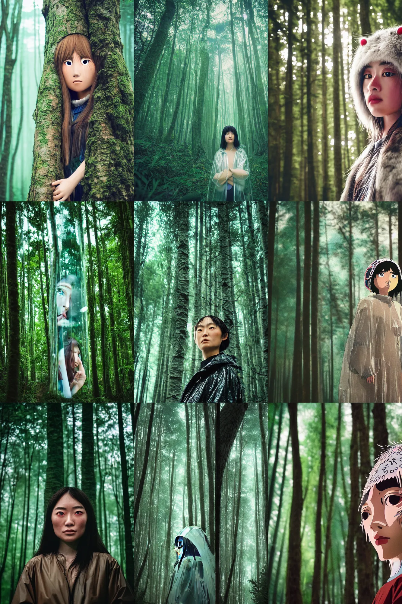 Prompt: Cinestill 50d, 8K, highly detailed, studio ghibli mononoke style 3/4 extreme closeup portrait, eye contact, focus on clear transparent raincoat model, tilt shift zaha hadid style forest background: famous mononoke remake, forest scene