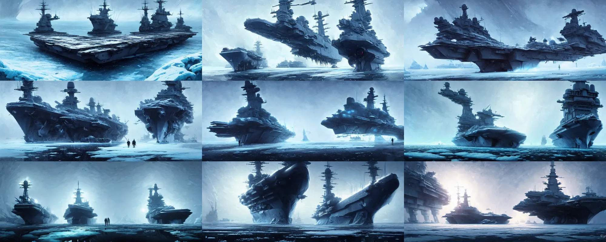 Prompt: hyper - realistic portrait of frostpunk futuristic military aircraft carrier, in frozen sea, in style of atey ghailan, by greg rutkowski, by greg tocchini, by james gilleard, by joe fenton, by kaethe butcher, grunge aesthetic