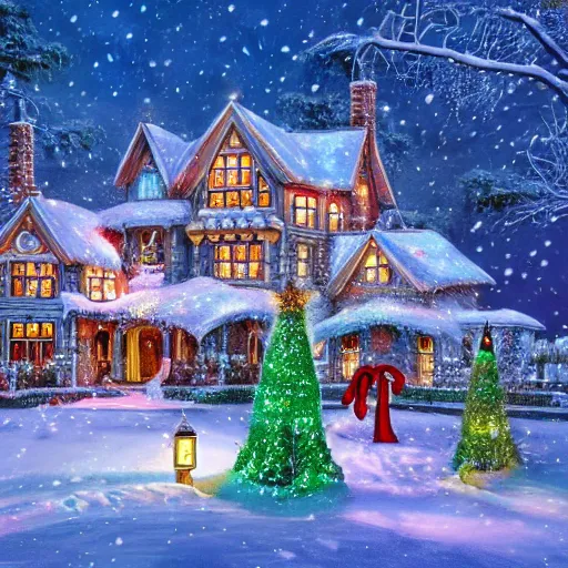 Image similar to fancy treehouse style mansion at the north pole decorated for christmas on snowy winter background, detailed luminescent oil painting 4 k