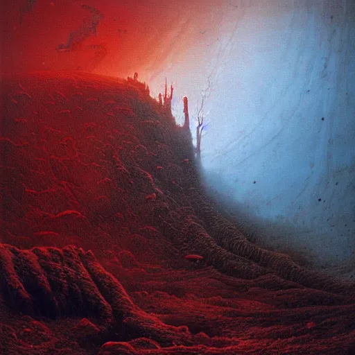 Prompt: an epic sci-fi cosmic horror landscape, by Beksiński and Rutkowski, horror, cosmic horror, blood, red, space, unknown, dark, cyberpunk, cinematic, 8k