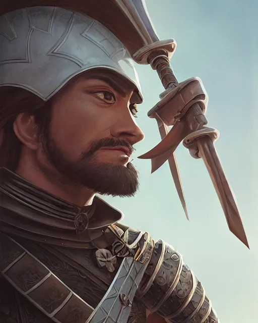 Image similar to ultrarealistic illustration of a spanish conquistador, symmetrical, by daniel zrom and mingchen shen, studio ghibli color scheme, detailed, handsome, anatomy, sharp focus, photography, magic : the gathering, octane, cinematic lighting