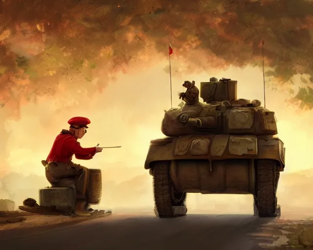 Image similar to defiant winnie the pooh sitting down on road blocking chinese tanks, soldiers approaching, award winning photography, extremely detailed, artstation, 8 k, dramatic lighting, incredible art, wlop, artgerm